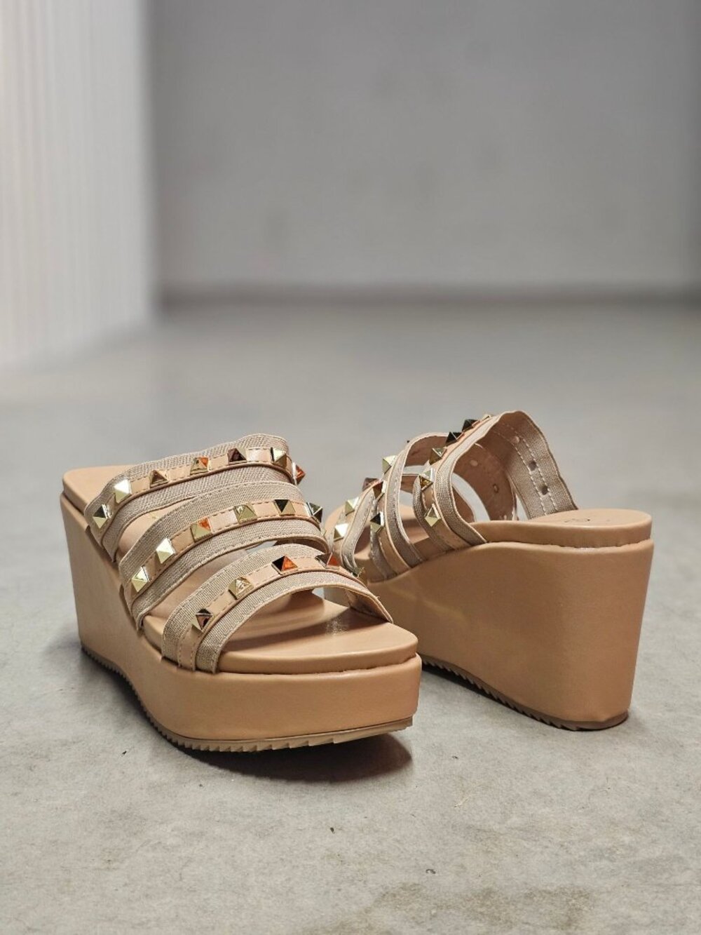 Studded Strap Nude Wedge Sandals For Women - Stylish Slip-On Platform Design Wit - Picture 6 of 12